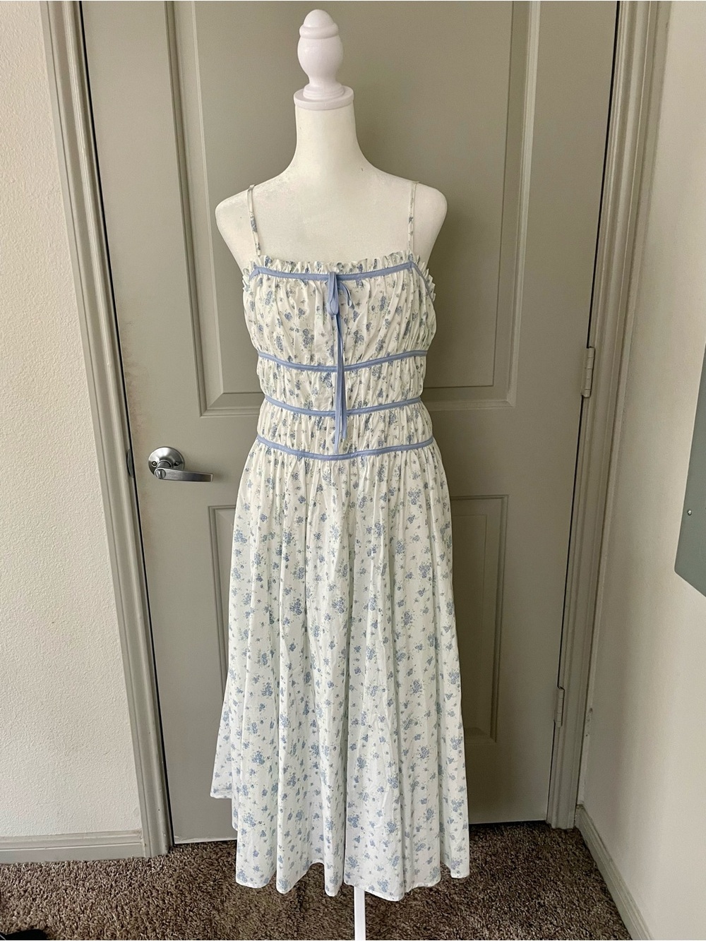 Light Blue Floral Midi Dress with Spaghetti Straps